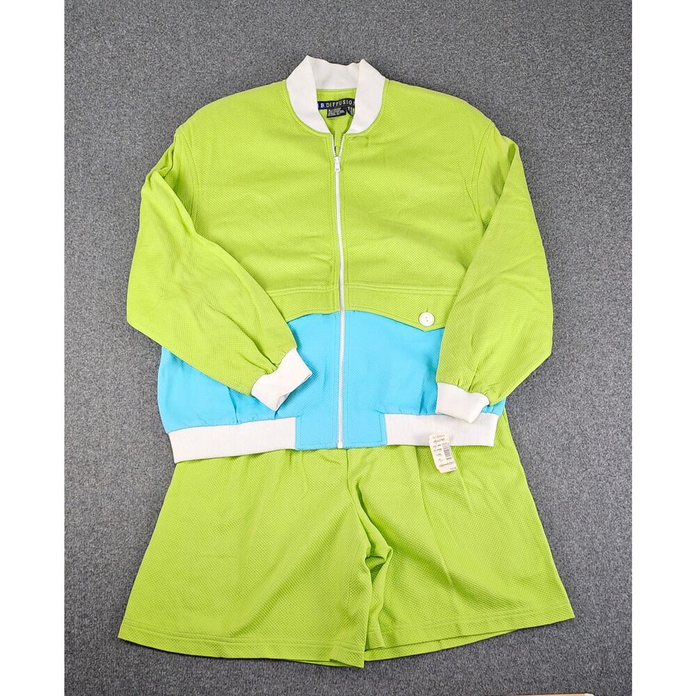 VTG 80s IB Diffusion 2pc short set womens sz 10 kiwi turquoise zip jacket preppy